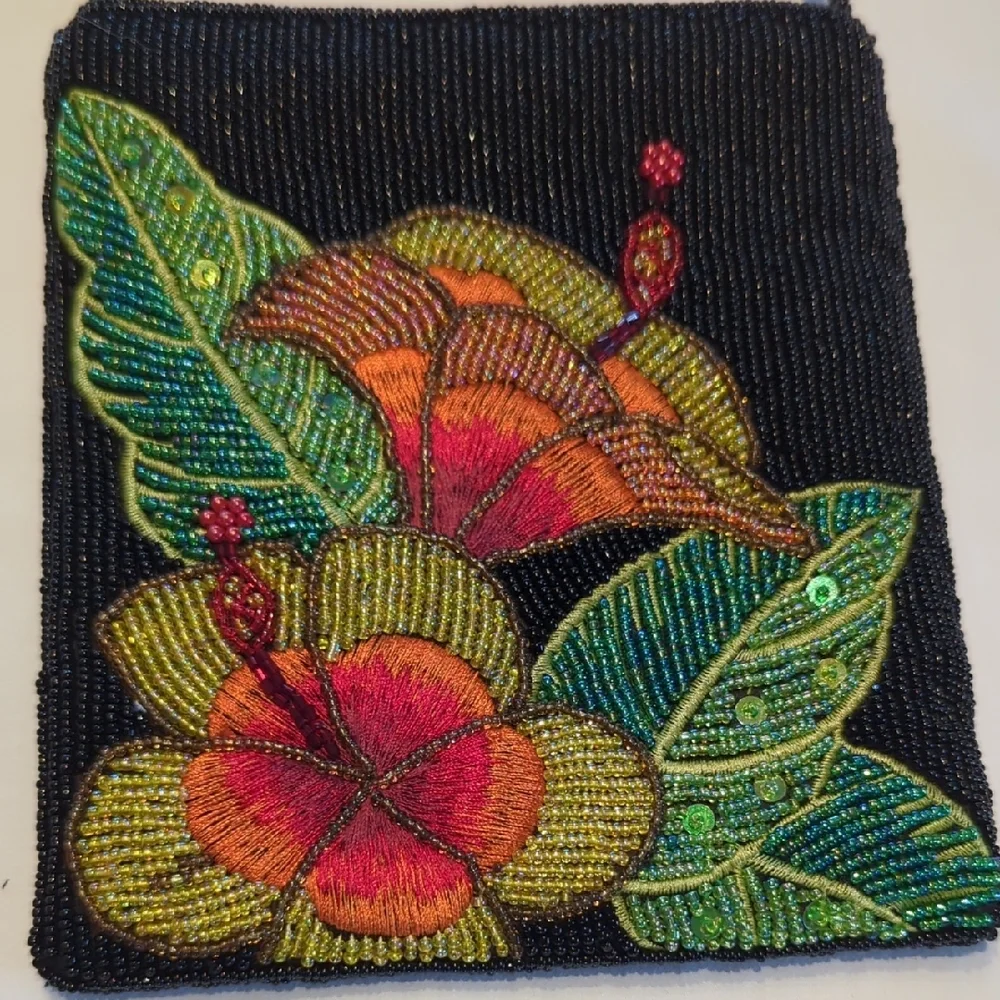 Black Beaded Crossbody Bag with Multicolor Floral Embroidery - Picture 7 of 7